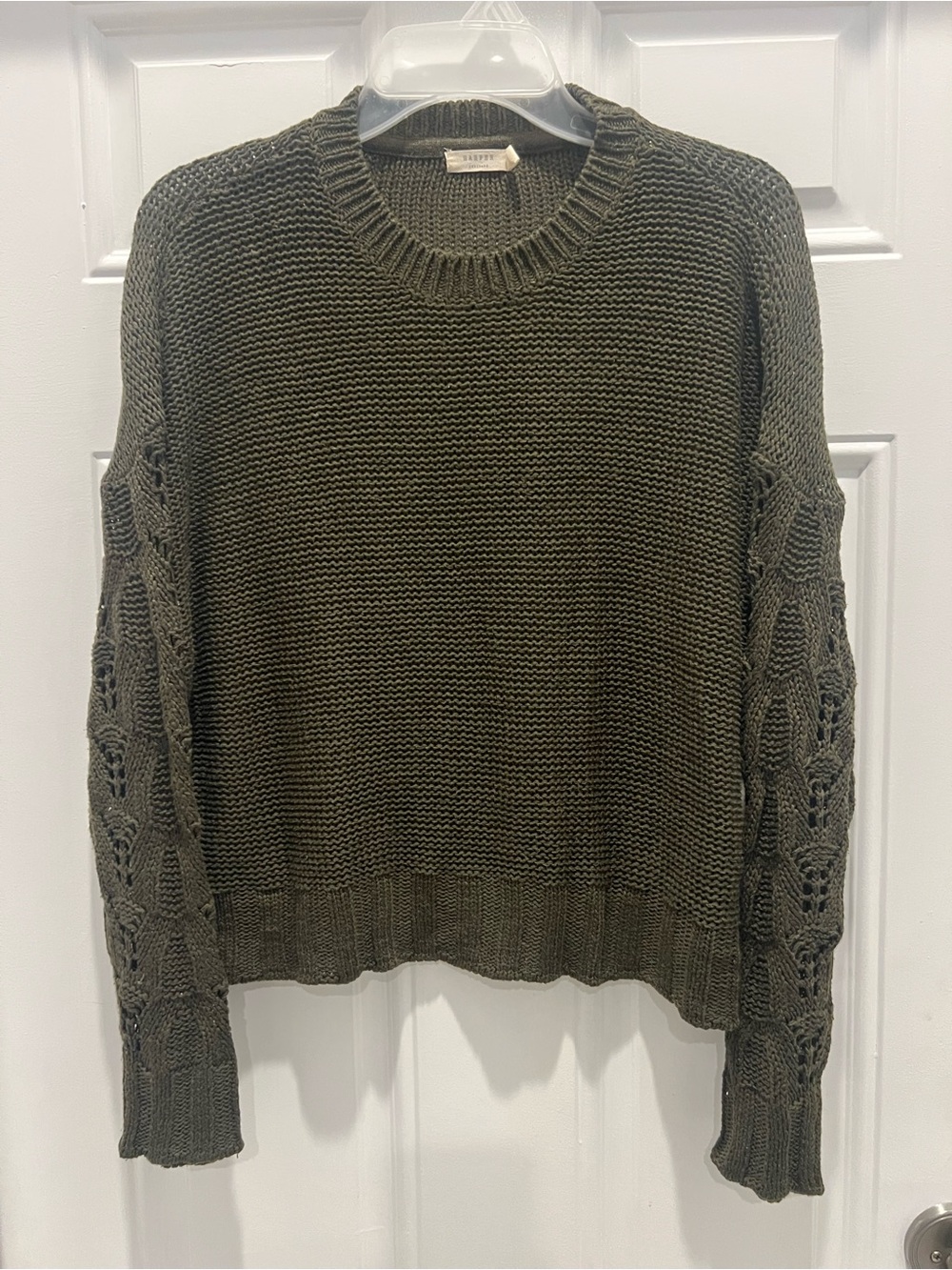 Harper Heritage Olive Green Open Knit Crew Neck Cropped Sweater Size S #941